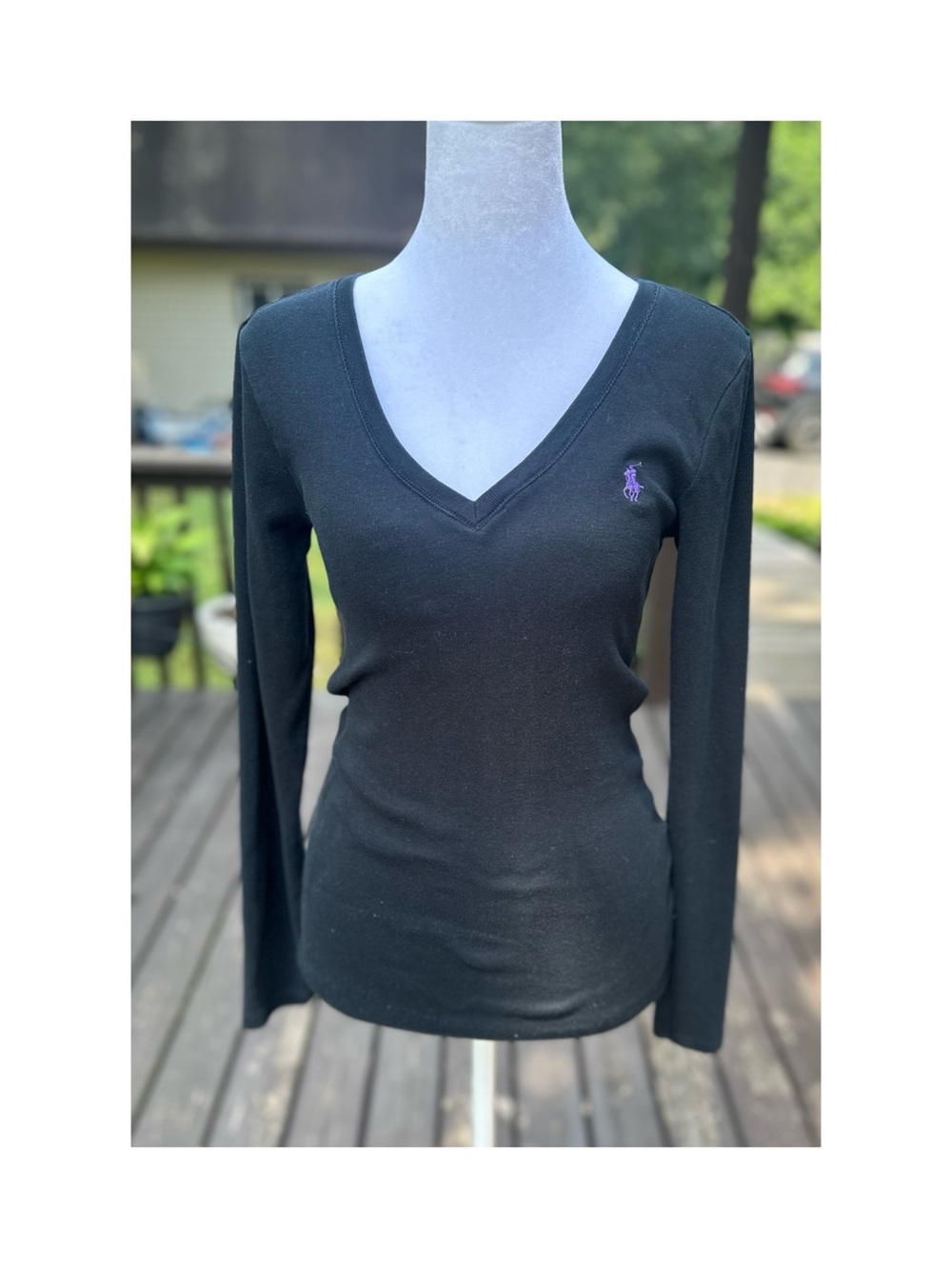 Ralph Lauren Black Long Sleeve V-Neck Top with Purple Pony Size Small